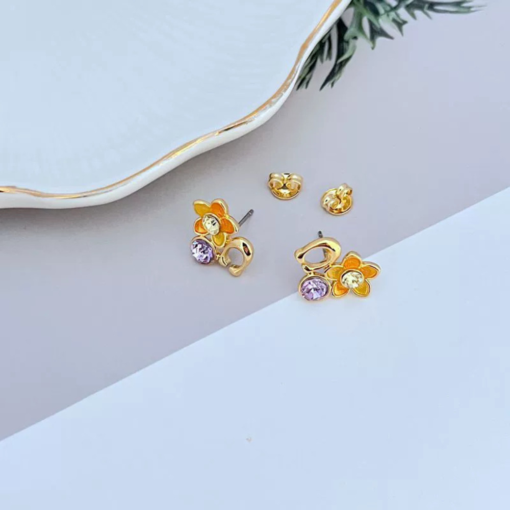Coach Rhinestone Enamel Flower Inlay Metal Earrings - Picture 3 of 6